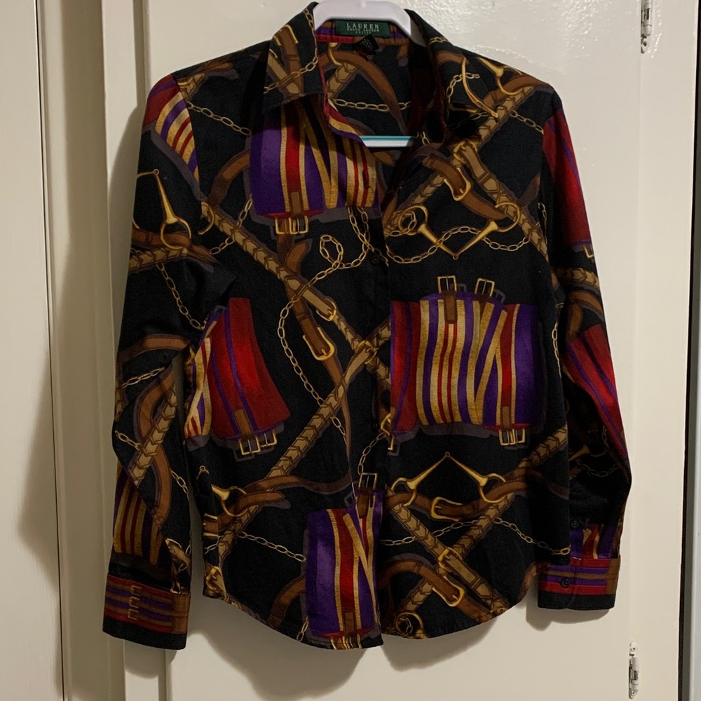 Ralph Lauren Women's Equestrian Black Blazer with Purple and Red Patterns